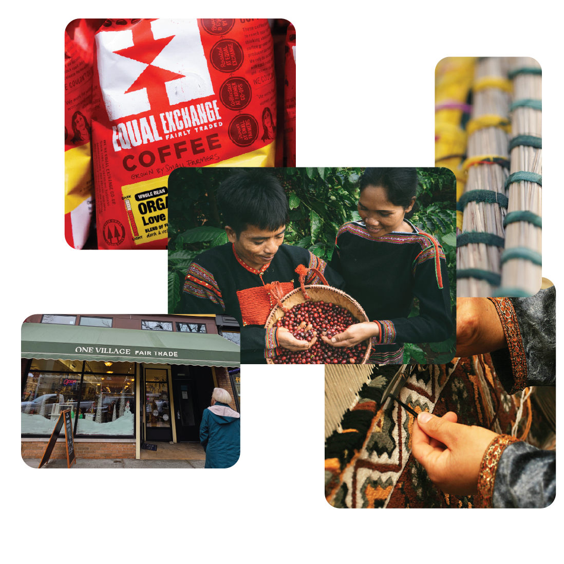 Collage featuring fair trade coffee, artisans weaving baskets and textiles, and a storefront labeled "One Village Fair Trade" with people outside.