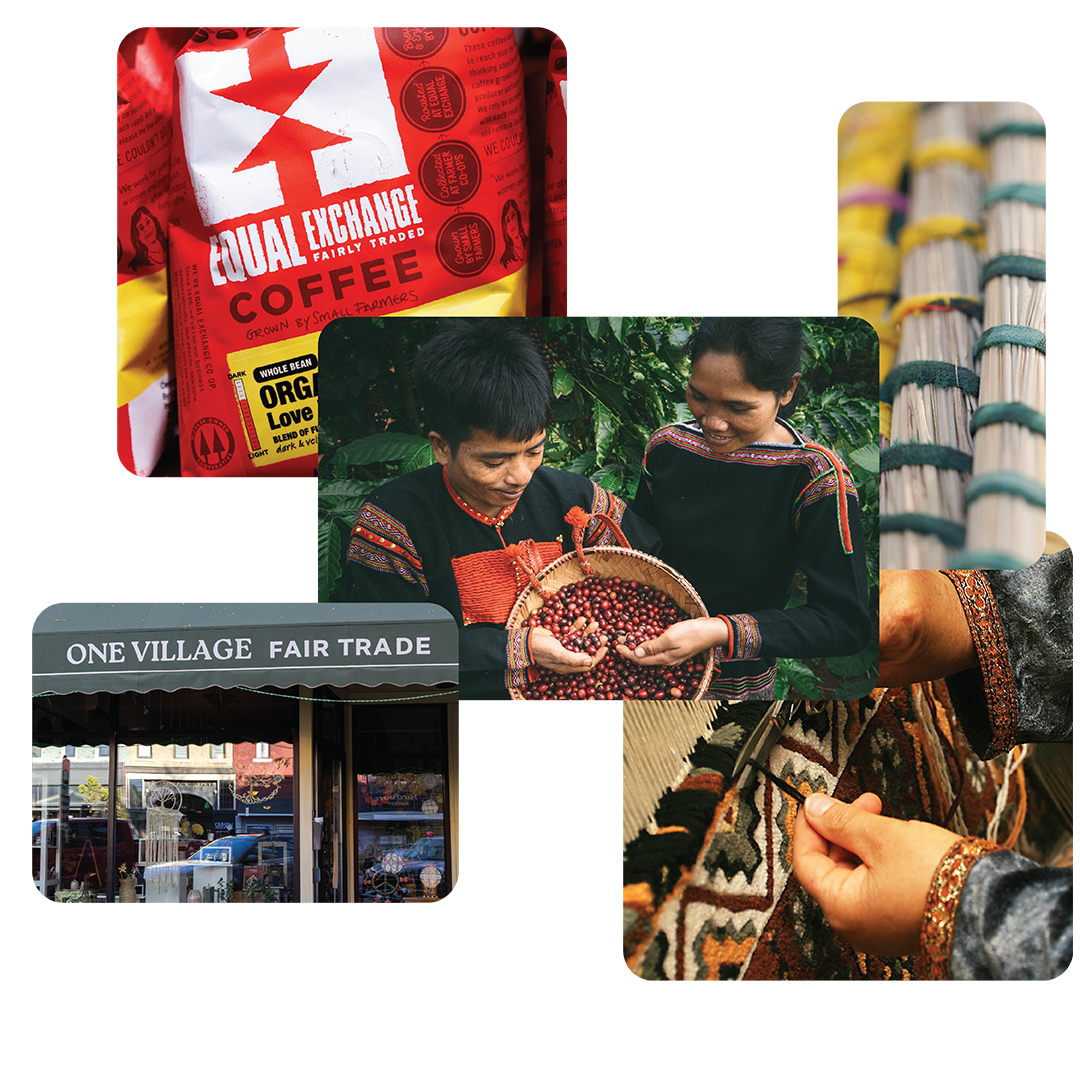 Collage showing fair trade coffee, artisans weaving, people harvesting coffee cherries, and a storefront labeled "One Village Fair Trade."